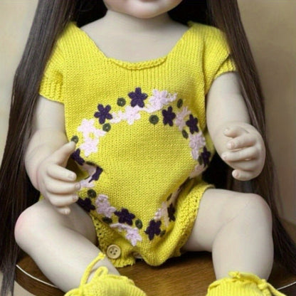 Reborn Baby Doll 22-Inch Full Vinyl Toddler Design with Dark Wig Hair, Acrylic Eyes, Yellow Outfit and Accessories