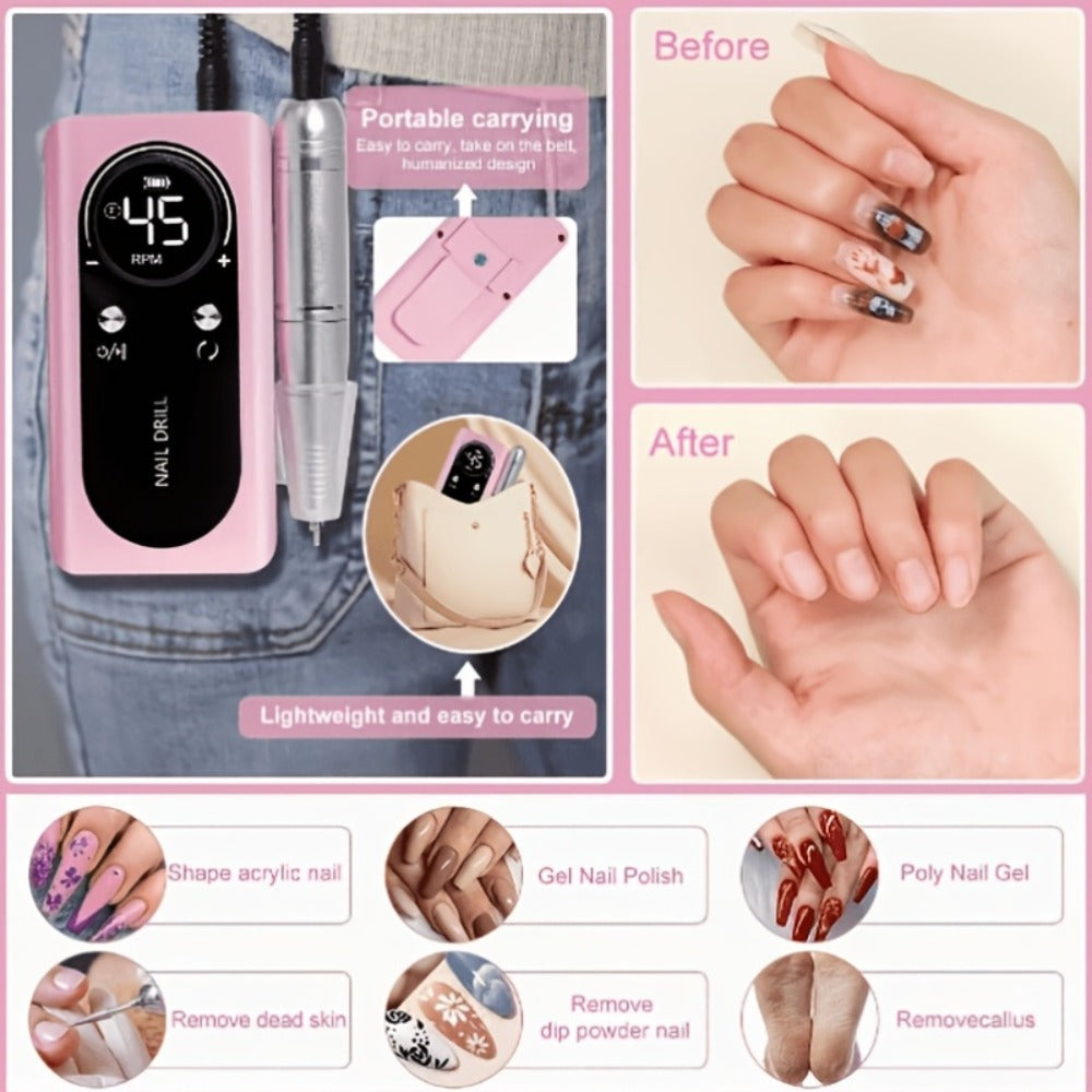 Nail Drill 45000 RPM LCD Display Adjustable Speed Cordless Electric Nail File Low Noise Manicure Machine Buffing Polishing Tool Set for Salon Home Women Nail Techs Pink White Purple