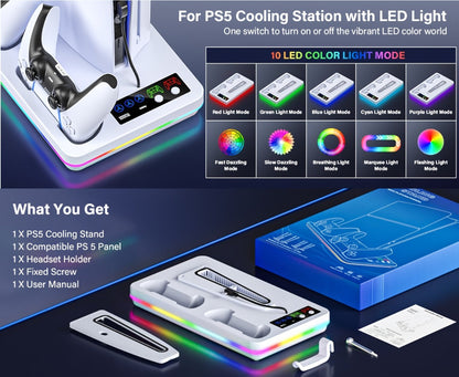 RGB Console Stand Compatible with PS5, Slim and Pro Models, Three-Speed Fan and Dual Controller Charging Dock