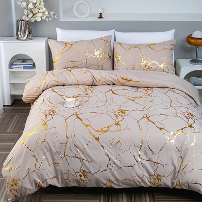 3-Piece Duvet Cover Set with Bronzed-Look Marble Vein Print in White, Khaki or Black and Four Sizes