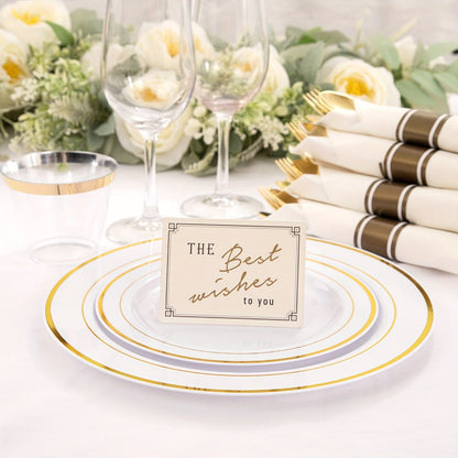 Gold Plastic Plates Disposable Dinnerware Set 350pcs, 50 Dinner Plates, 50 Dessert Plates, 50 Gold Rim 9oz Cups & 50 Gold Cutlery Sets