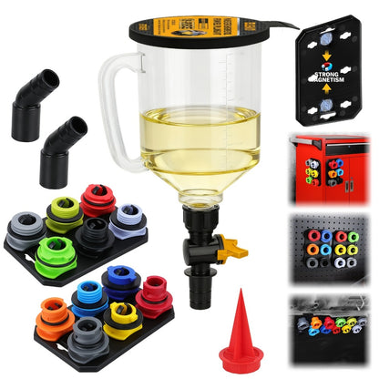 Engine Oil Funnel Kit 19Pcs – No-Spill Coolant Funnel Set with 12 Universal Adapters, 1.5L Capacity, Magnetic Tray for Oil Change Car Maintenance