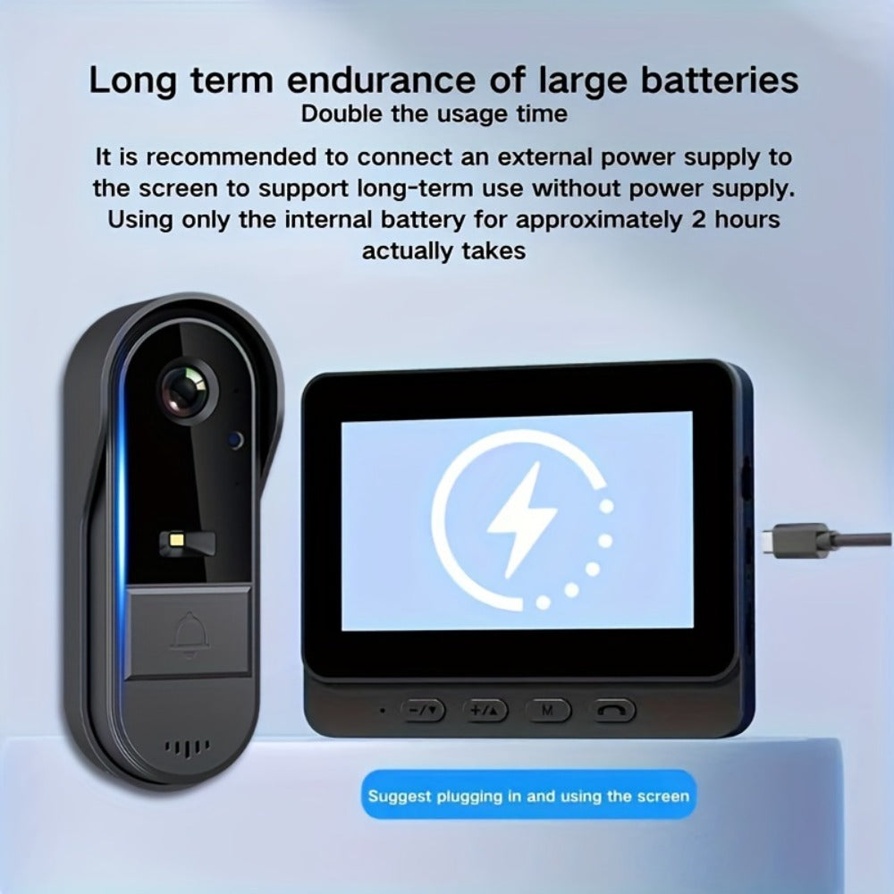1920P Video Doorbell Camera with 4.3" Monitor & Dual Power - No WiFi No App, Battery & USB, Two-Way Audio, IR Night Vision, SD Card Storage, Wide Angle, One-Button Pairing, Black