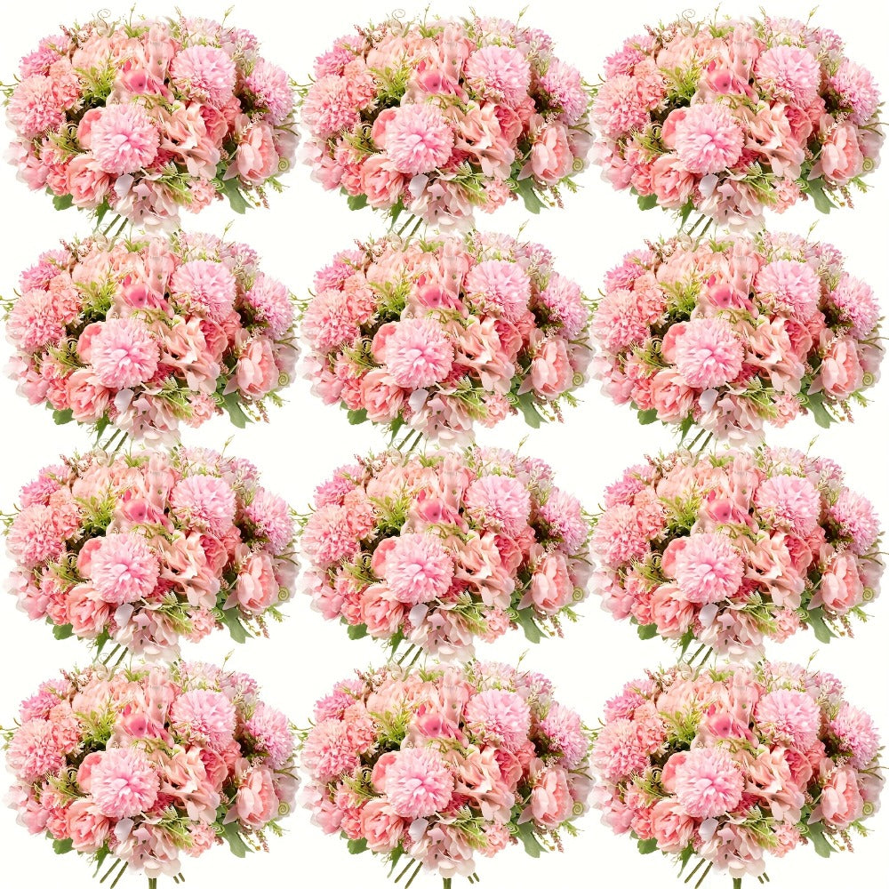 Artificial Flowers 12-Bundle Peony and Hydrangea Bouquet Set in Five Colors for Wedding Decor