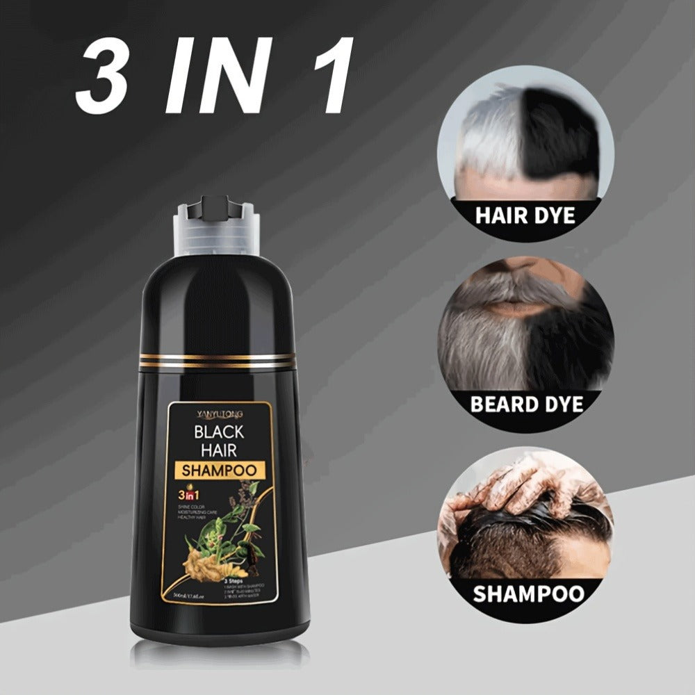 Black Hair Dye Shampoo 3-in-1 with Beard Dye & Cleanser - Natural Herbal Formula, Gentle Moisturizing Long-Lasting Gray Coverage for All Hair Types, Women & Men, 16.91oz x2 / 500ml x2