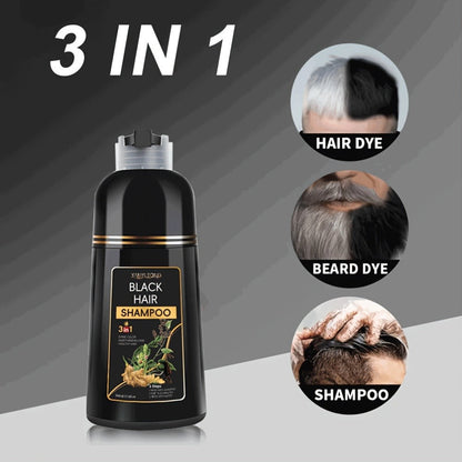 Black Hair Dye Shampoo 3-in-1 with Beard Dye & Cleanser - Natural Herbal Formula, Gentle Moisturizing Long-Lasting Gray Coverage for All Hair Types, Women & Men, 16.91oz x2 / 500ml x2