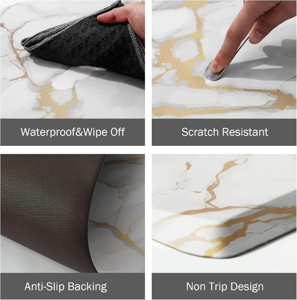 Marble-Pattern Kitchen Floor Mat in Three Exact Rectangular Sizes with Cushioned Low-Profile Form