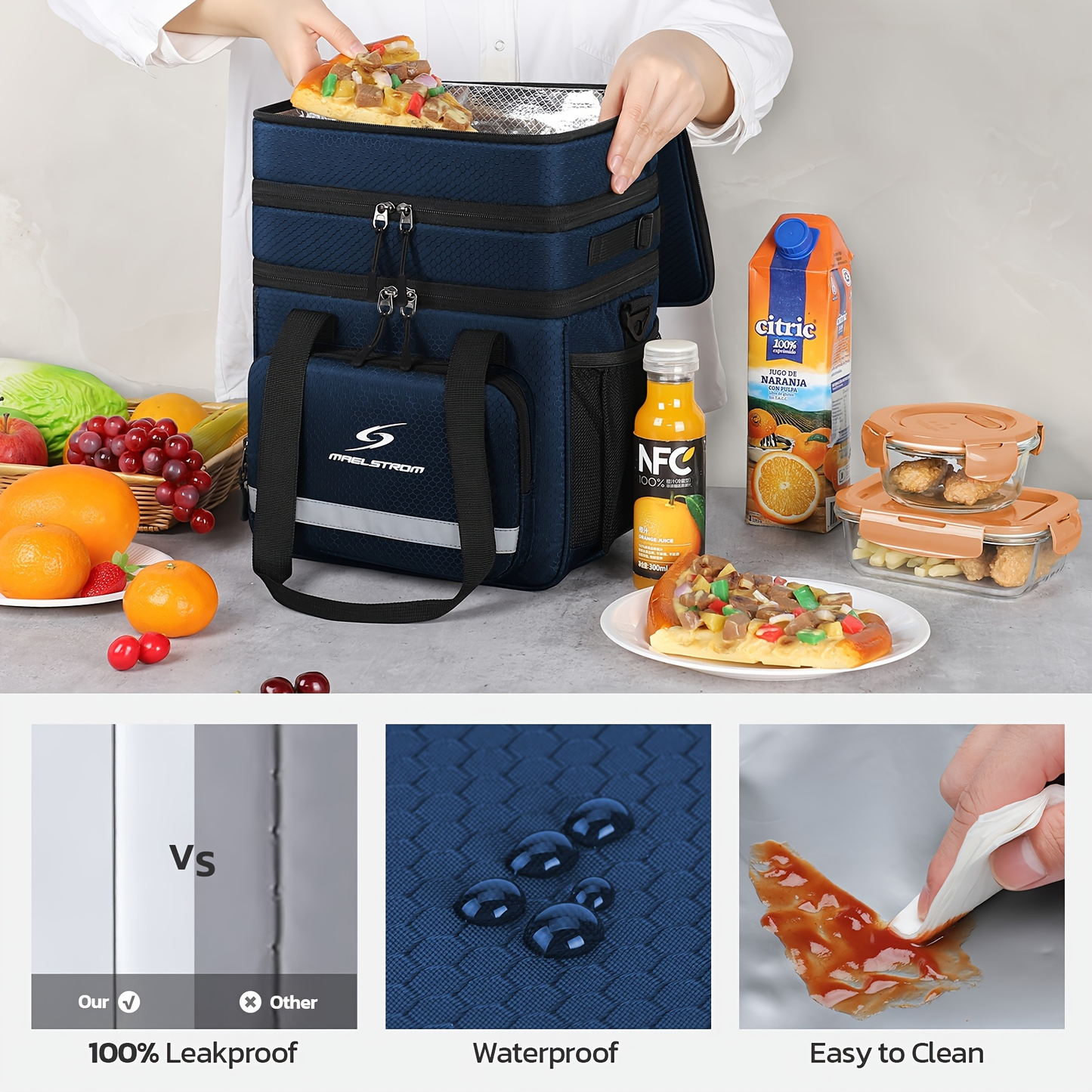 Insulated Lunch Bag for Women Men – Triple Compartment Leakproof Lunch Box with Shoulder Strap, Food-Grade PEVA Lining & 5mm Foam Insulation for Work School