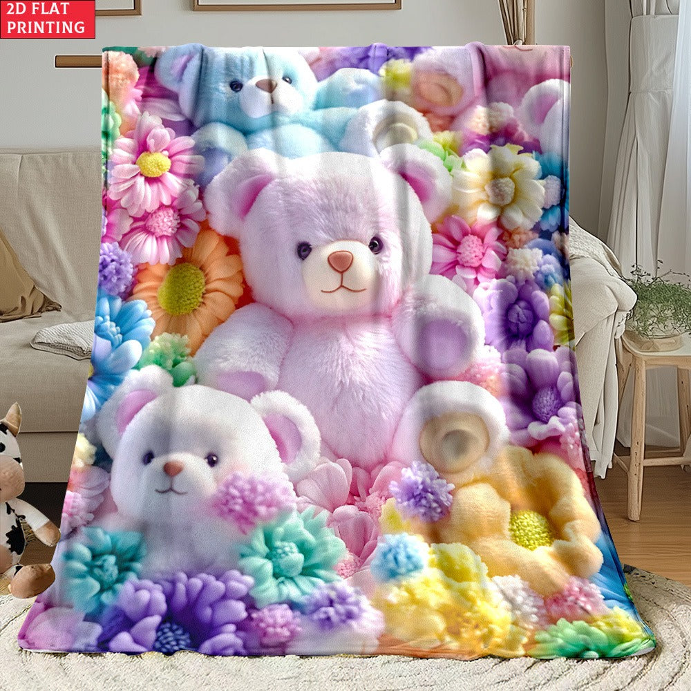 Teddy Bear and Floral Print Throw Blanket with Colorful Flat Graphic and Exact 39.41 by 50.8 Inch Option