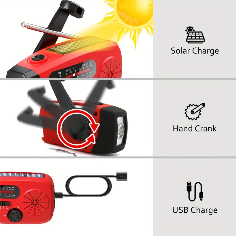 2000mAh AM/FM/NOAA Emergency Radio with Solar Panel, Hand Crank, LED Flashlight and Four Color Options