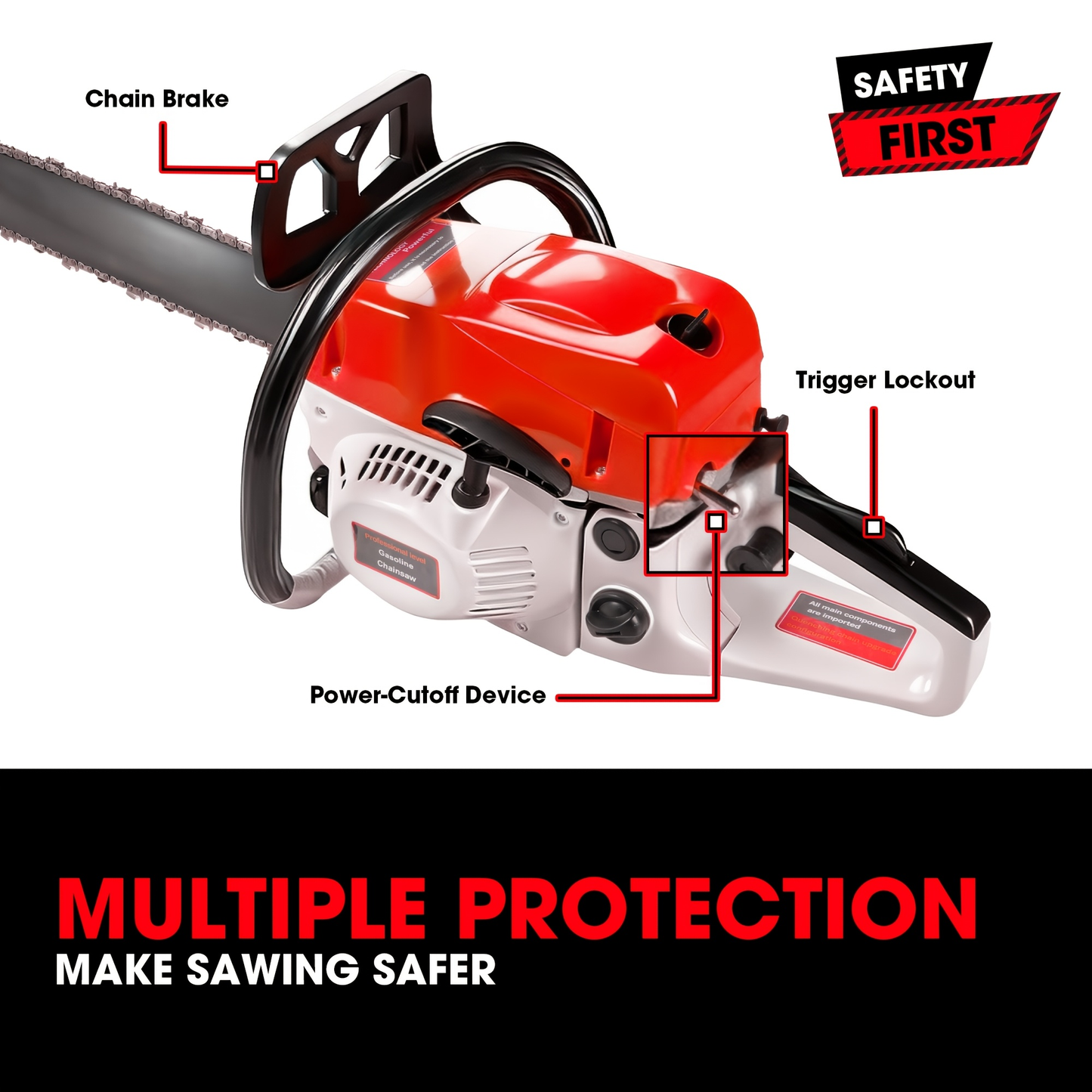 62CC Gas Chainsaw with 20-Inch Guide Bar in Five Red and Orange Checkout Configuration Options
