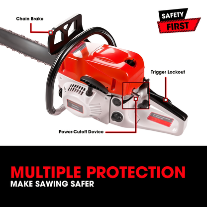 62CC Gas Chainsaw with 20-Inch Guide Bar in Five Red and Orange Checkout Configuration Options