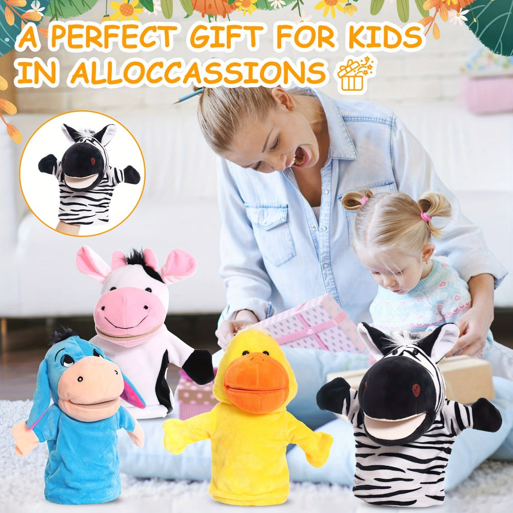 Four-Piece Animal Hand Puppet Set with Blue Donkey, Yellow Duck, Zebra and Pink Cow Designs