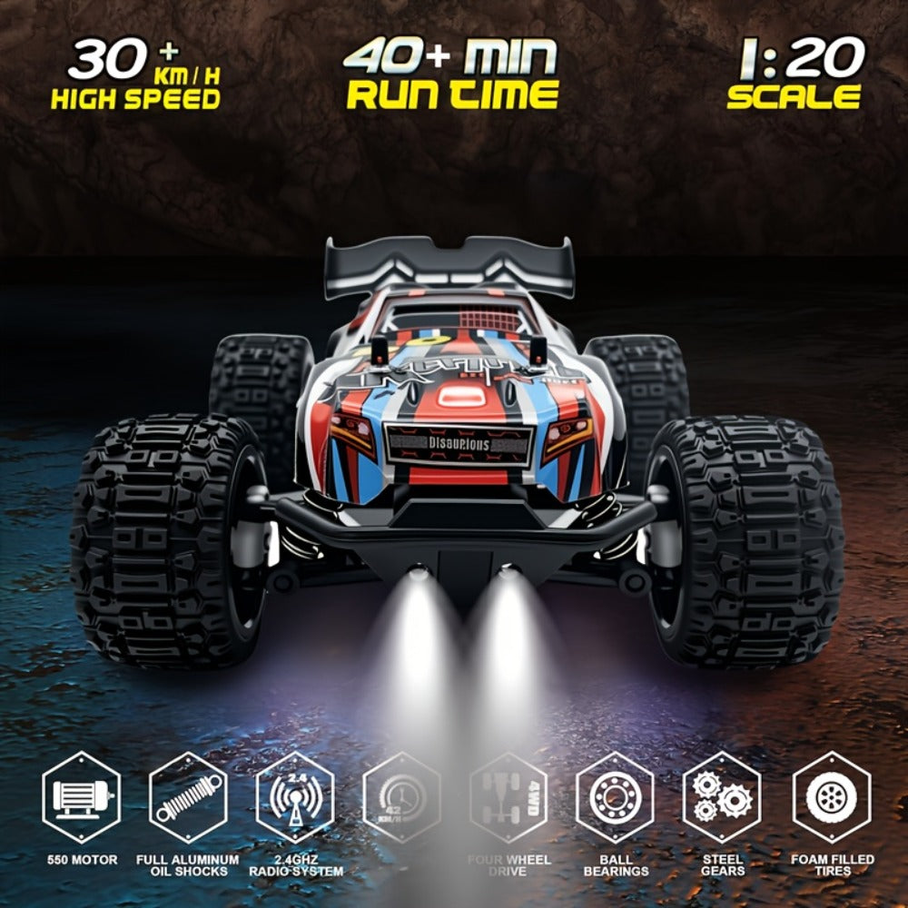 Remote Control Car, Red 4WD Monster Truck with 2.4GHz Control, Large Off-Road Tires and Four-Wheel Drive Layout