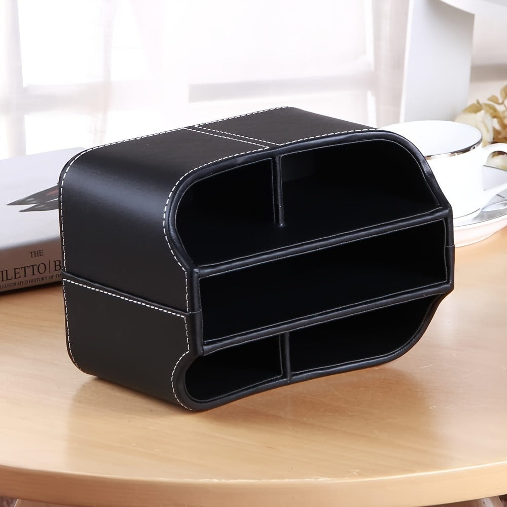 360° Swivel Remote Control Holder with 5 Compartments – PU Leather Desktop Organizer Caddy for TV Remotes, Phones, Glasses, Cosmetics & Stationery, Rotating Storage Box for Home Office Nightstand