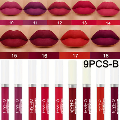Lip Gloss Set by MYHO Cosmetics with 9 Matte Lip Colors per Set and Two Retained Shade Collections
