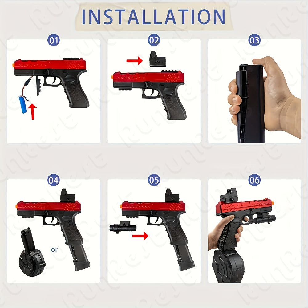 Compact Red-and-Black Electric Gel Blaster Set with Drum, Two Magazines, Sight, Goggles and USB Cable