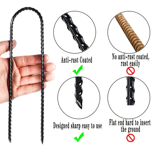 Trampoline Wind Stakes Ground Anchors – 10 Inch Heavy Duty Rebar Stakes with Black Powder Coat, Safety Anchor Kit for Trampoline, Tent & Outdoor Equipment, Anti-Tip Metal Landscape Staples, 12 or 24 Pack