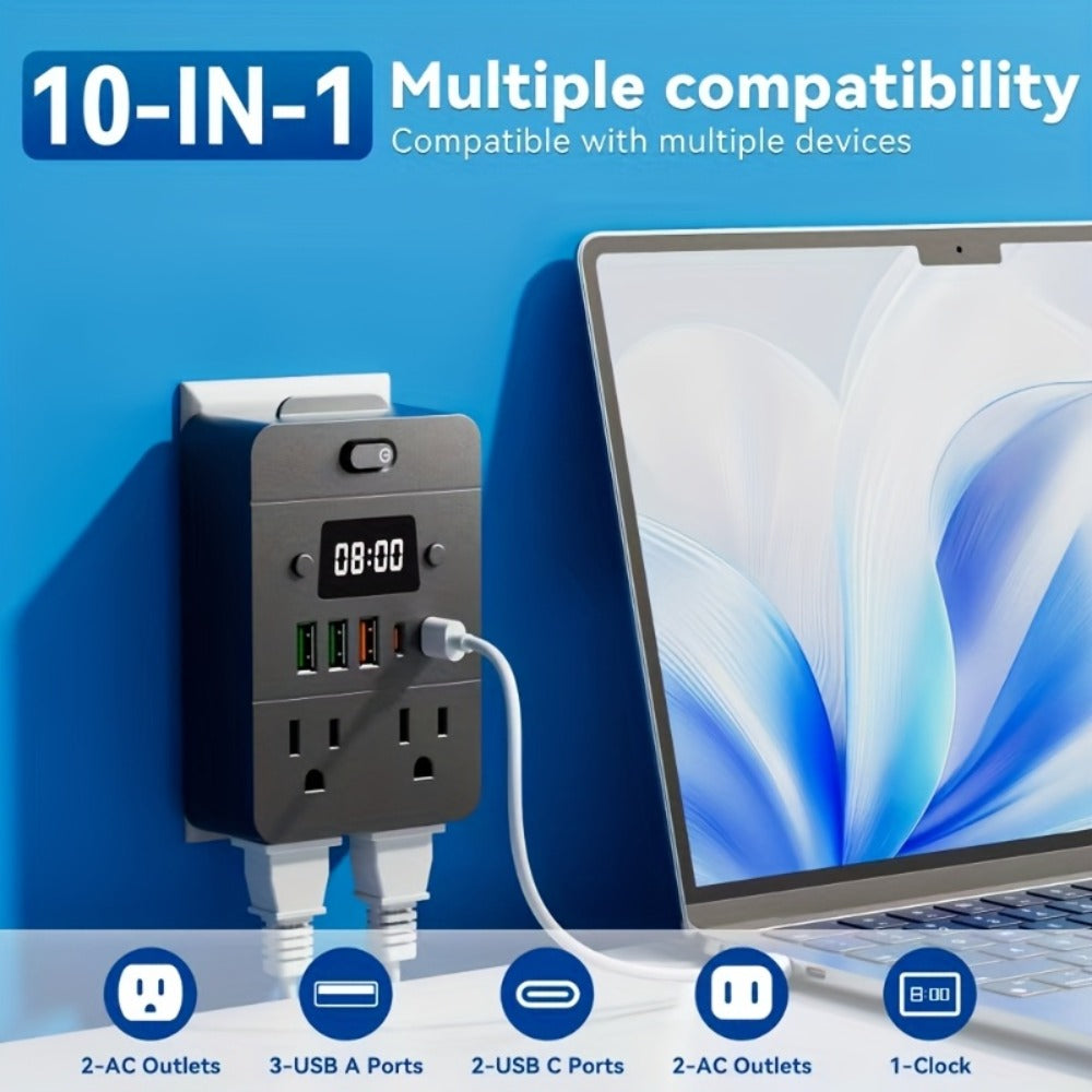 Power Strip 9-in-1 Desktop Station with LED Lamp, Digital Clock, 4 AC Outlets, 3 USB-A and 2 USB-C Ports