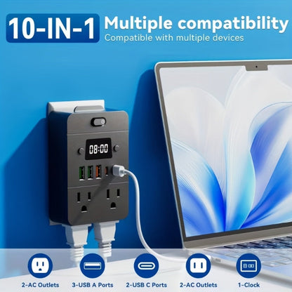 Power Strip 9-in-1 Desktop Station with LED Lamp, Digital Clock, 4 AC Outlets, 3 USB-A and 2 USB-C Ports