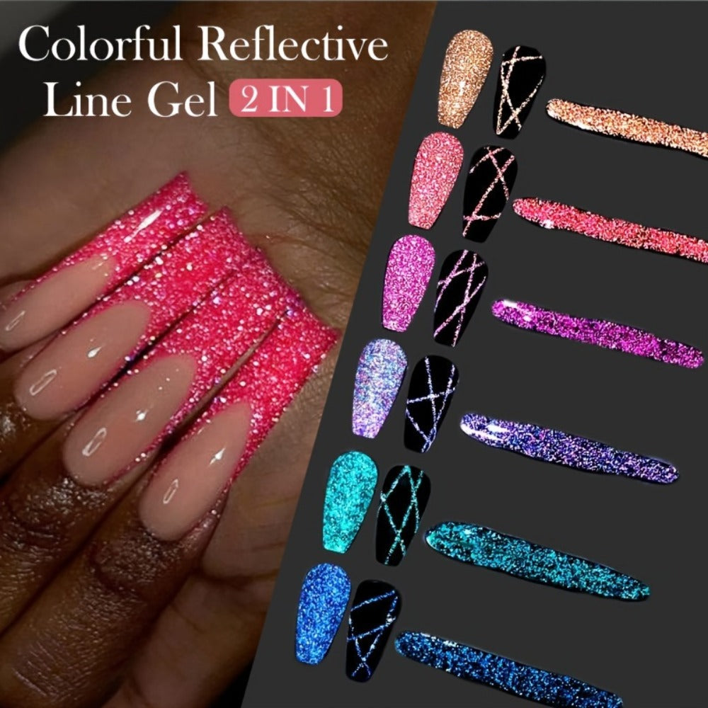 Reflective Liner Nail Art Gel Six-Bottle Set with 5ml CR01 to CR06 Colors and Slim Brushes for Detail Lines