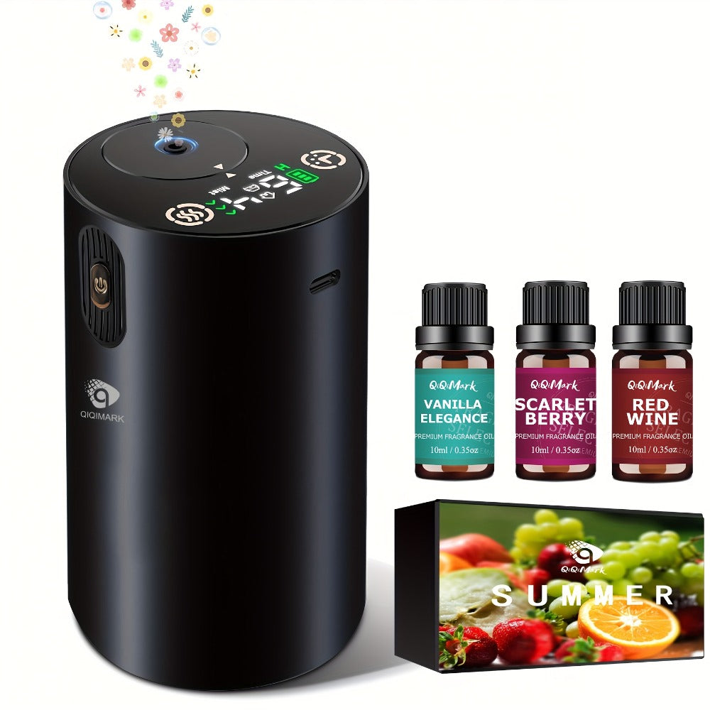 Waterless Essential Oil Diffuser Nebulizer – 4 Mist Levels, 1/2/3/4/6H Timer, Auto-Off, Battery Operated Mini Scent Machine for Home Car Bedroom Hotel, Essential Oil Bundles (Silver & Black)