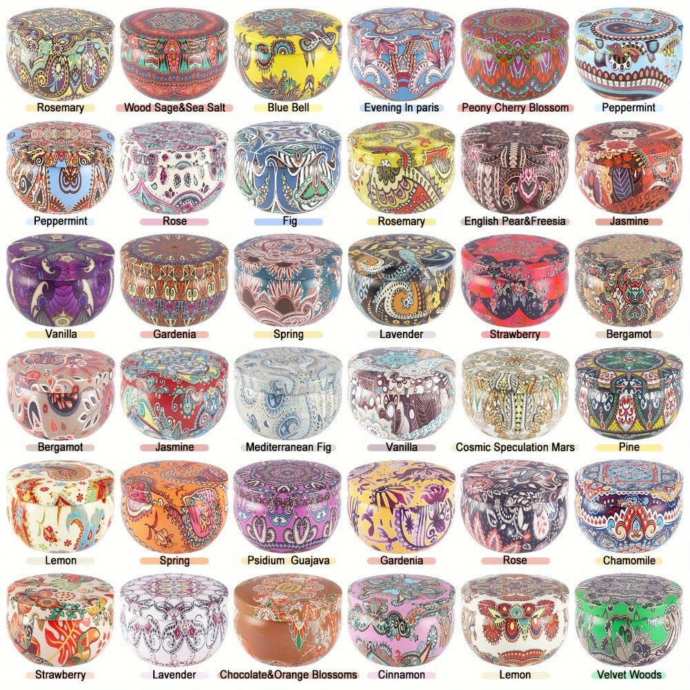 36-Piece Candle Gift Set with Lidded 2.5oz Decorative Tins in Three Coordinated Design Families