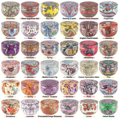 36-Piece Candle Gift Set with Lidded 2.5oz Decorative Tins in Three Coordinated Design Families
