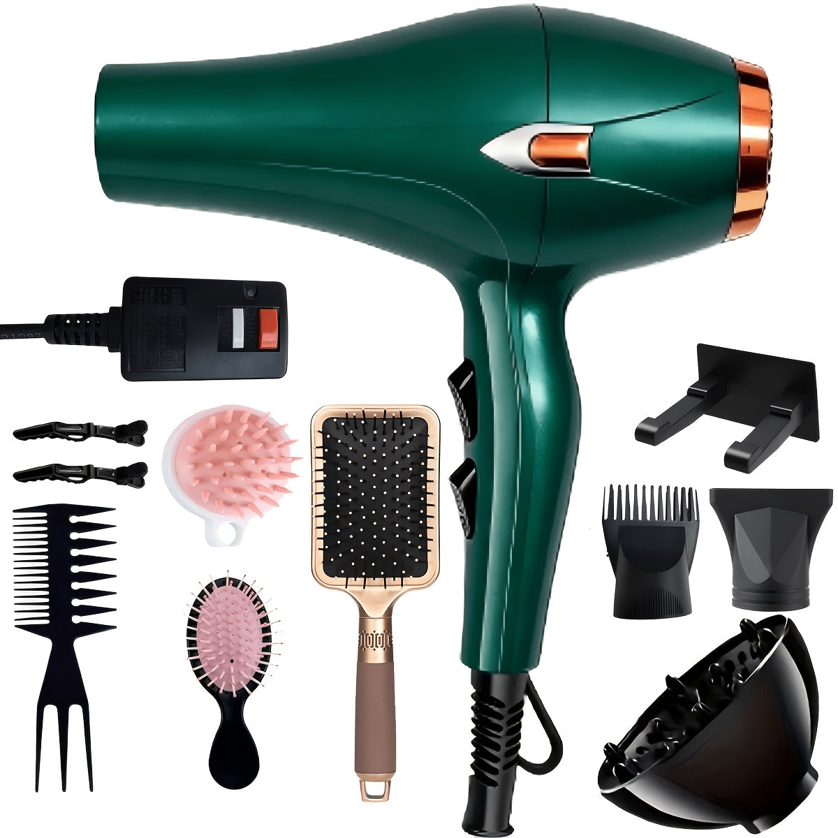 Brushless Motor Hair Dryer Set with Accessories - Professional Blow Dryer Kit Concentrator Nozzle Comb Clips 2 Modes 3 Speeds Ionic Anti-Frizz Home Salon Travel Black White Blue Green