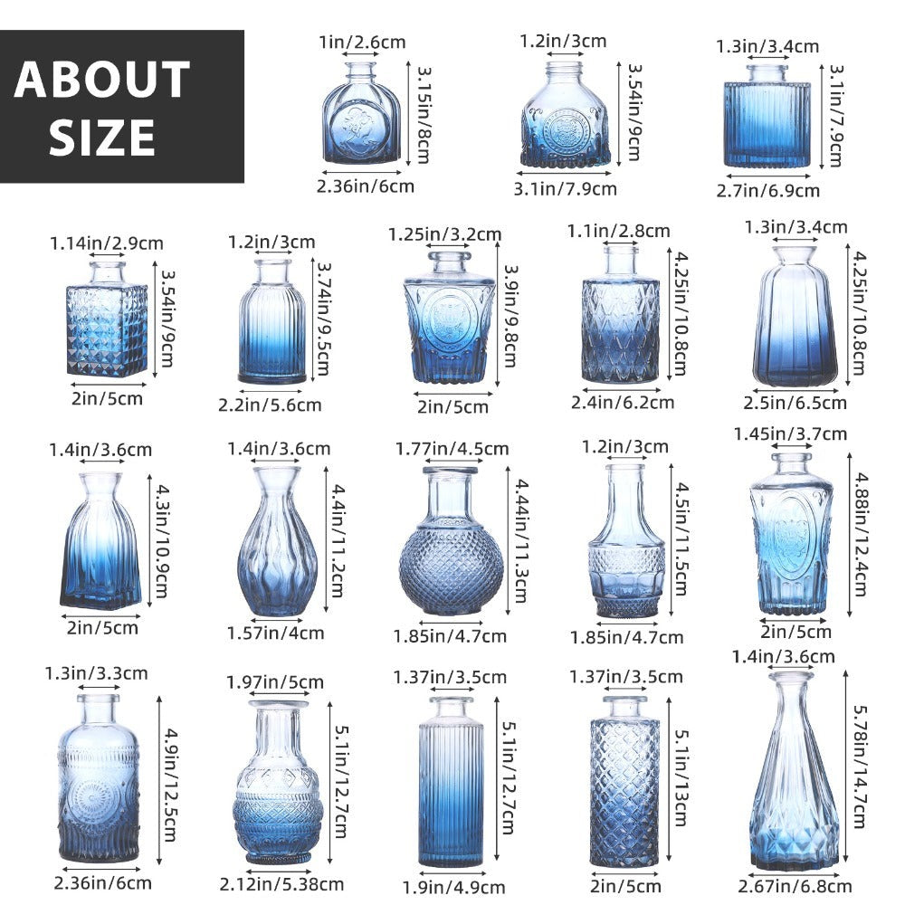 Eighteen-Piece Blue Vintage-Style Glass Bud Vase Set with Assorted 3- to 6-Inch Shapes for Table Displays