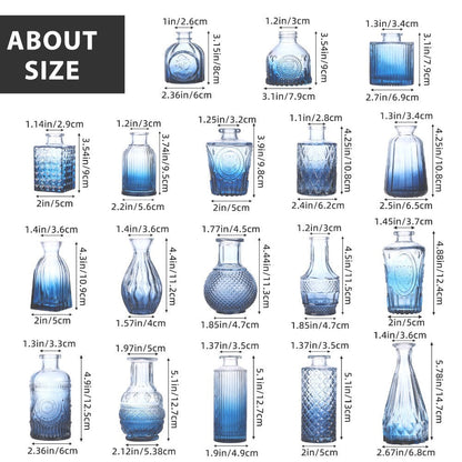 Eighteen-Piece Blue Vintage-Style Glass Bud Vase Set with Assorted 3- to 6-Inch Shapes for Table Displays