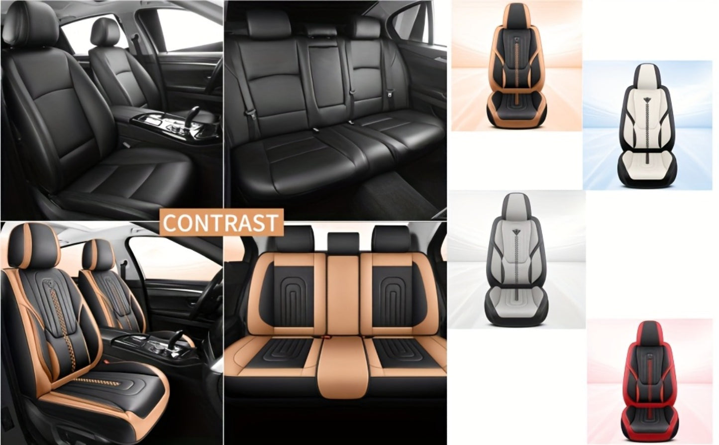 PU Leather Car Seat Cover Full Enclosure with Lumbar Support & Sponge Cushion – Two-Tone Sporty Design Universal Fit for Car Sedan Truck SUV (White-Black / Gray / Red-Black / Orange-Black)