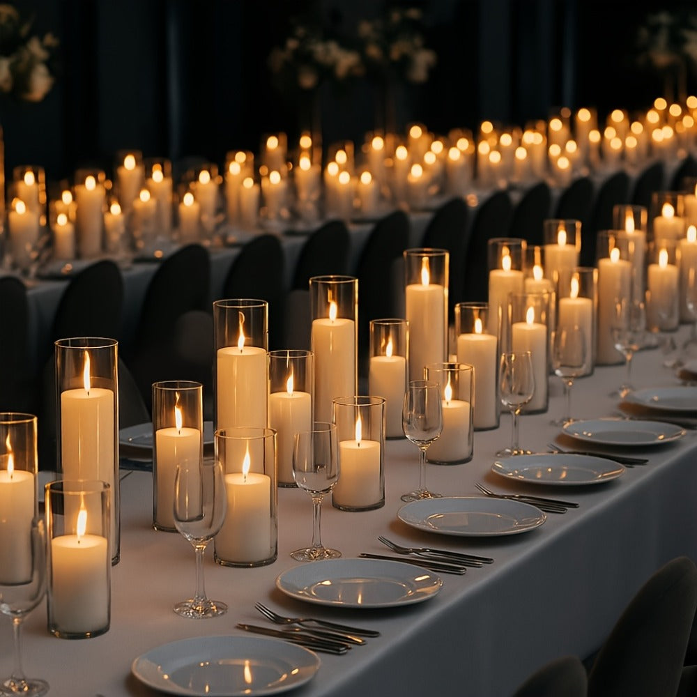 Pillar Candles with Clear Glass Hurricane Holders – Unscented White Cylinder Candles & Vases for Wedding Centerpieces, Party Tables, Home & Office Decor, Bulk Set 24 or 48 Pieces