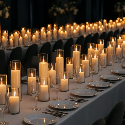 Pillar Candles with Clear Glass Hurricane Holders – Unscented White Cylinder Candles & Vases for Wedding Centerpieces, Party Tables, Home & Office Decor, Bulk Set 24 or 48 Pieces