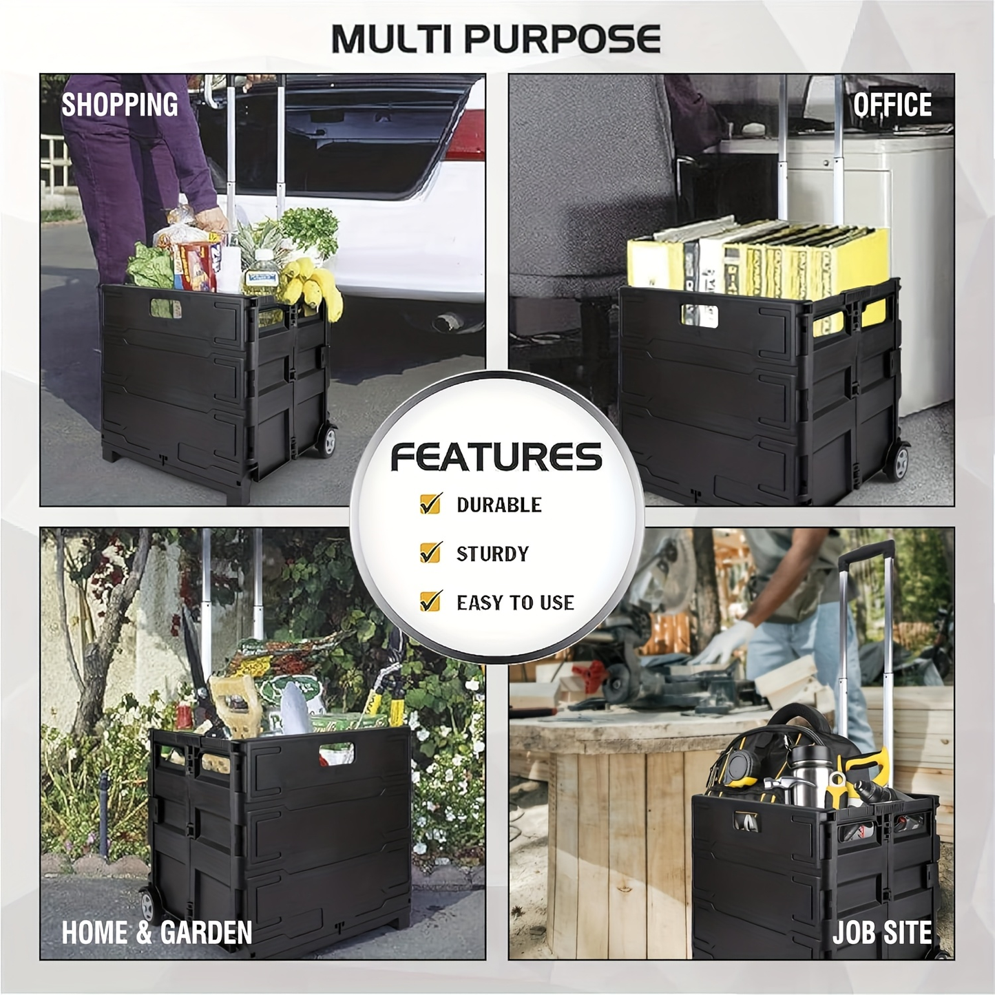 Collapsible Red Rolling Storage Crate with Lid, Wheels and Telescoping Pull Handle for Transport