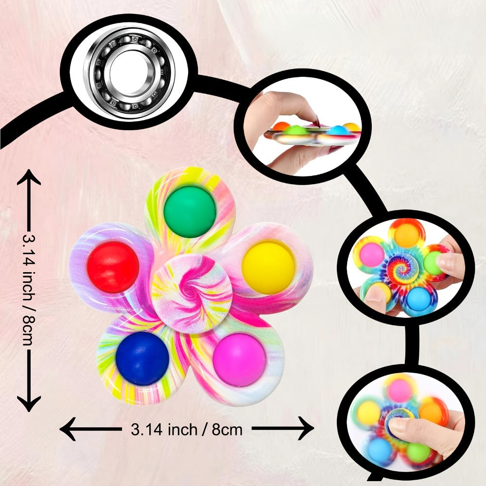 Thirty-Two-Piece Bubble Pop Fidget Spinner Assortment with Colorful Mixed Flower and Round Shapes
