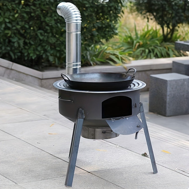 Outdoor Wood Stove with Chimney & Tripod, Heavy-Duty Metal Camping Stove for Backyard, Terrace & Campsite – Circular Design, Large Pot Compatible, 2 Sizes