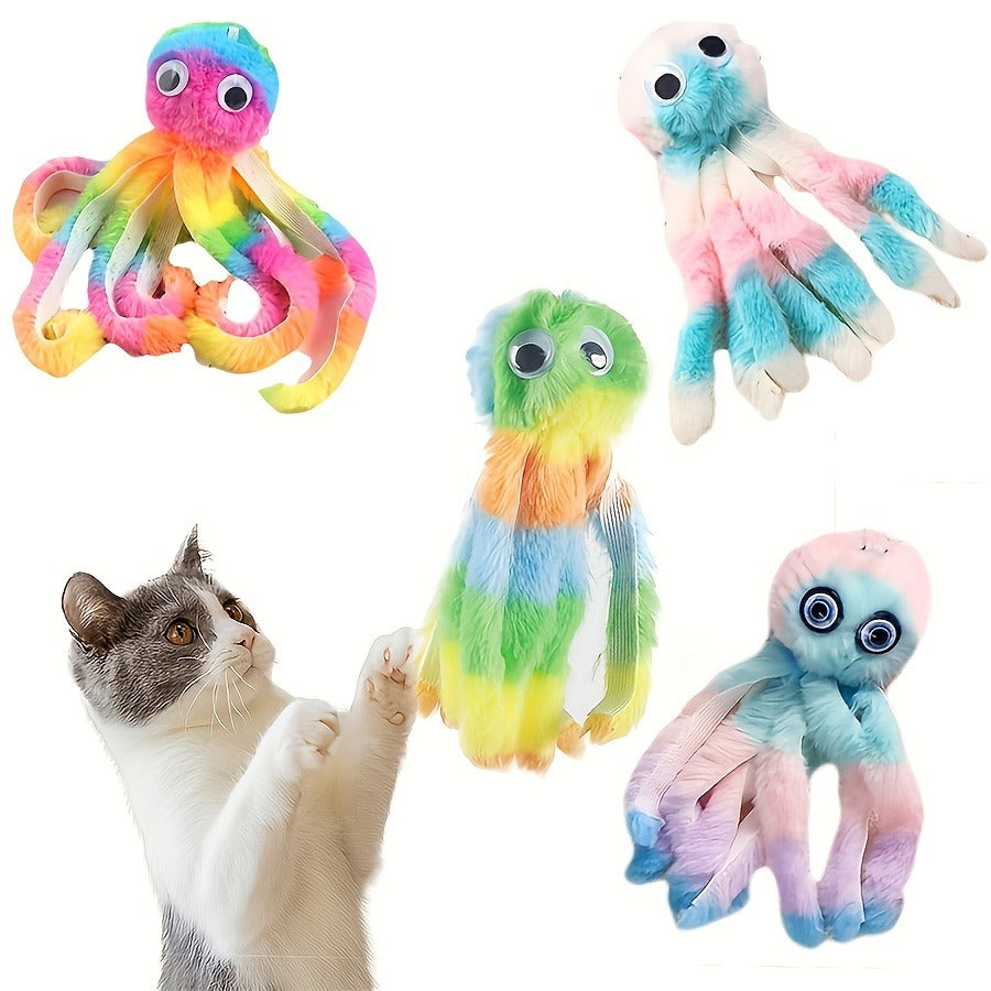Cat Toy Octopus Plush 5-Pack in Random Colors with Long Tentacles and Teaser-Wand Hanging Loops