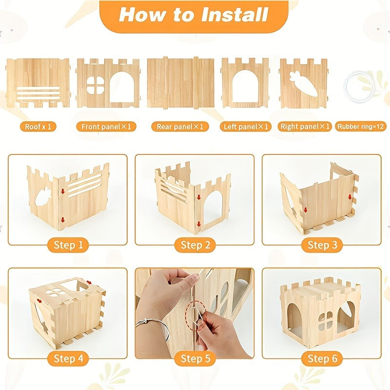 Wooden Rabbit Castle House – Detachable Solid Wood Hideout for Rabbits, Hamsters & Small Pets | Creative Splicing Toy Nest Playhouse
