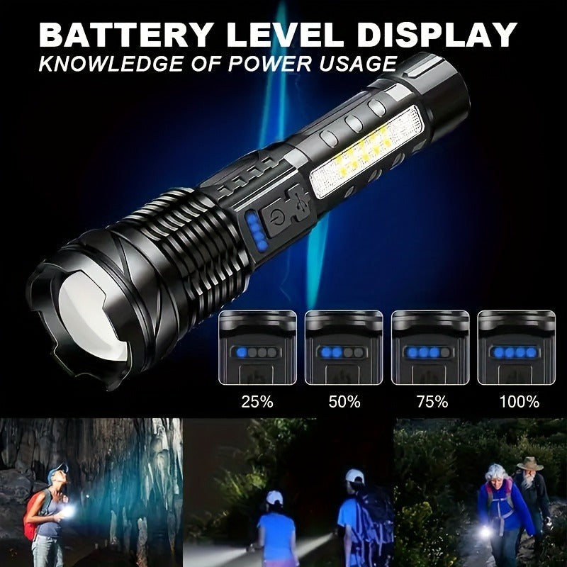 Flashlight Fresnel Lens Rechargeable Torch with 26650 Battery, USB-C Charging and Warning Tail Light