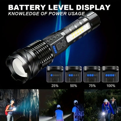 Flashlight Fresnel Lens Rechargeable Torch with 26650 Battery, USB-C Charging and Warning Tail Light