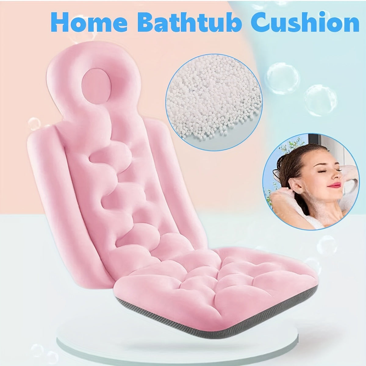 Pink Full-Body Bathtub Cushion in 93 × 40 cm Size with Contoured Headrest and Hanging Loop