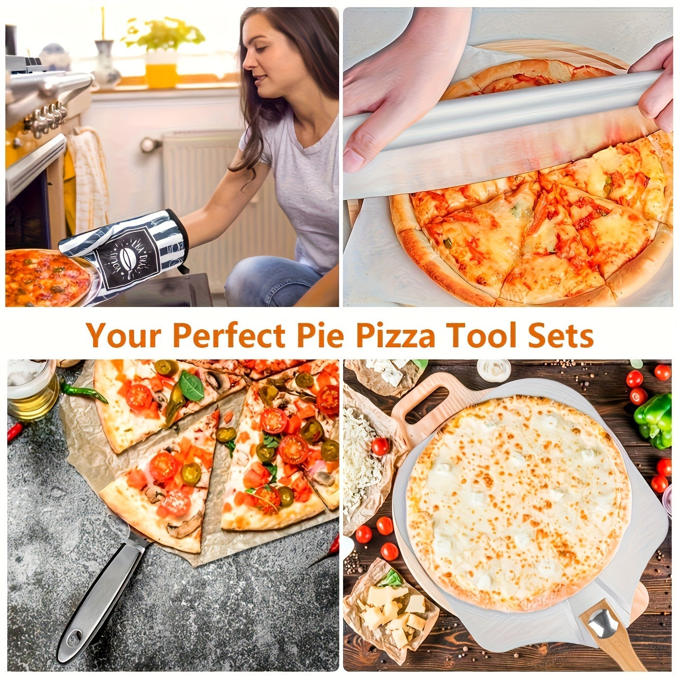Seven-Piece Pizza Baking Set with Round Stone, Metal Peel, Rocker Cutter, Server, Brush and Gloves