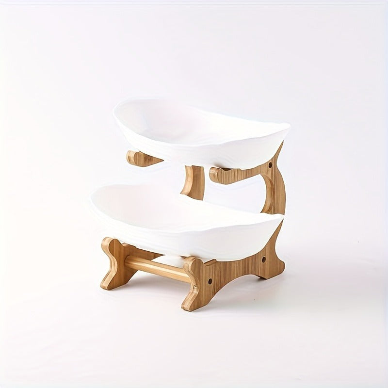 White or Green Countertop Display Stand with Two- or Three-Tier Curved Trays and Wood-Look Supports
