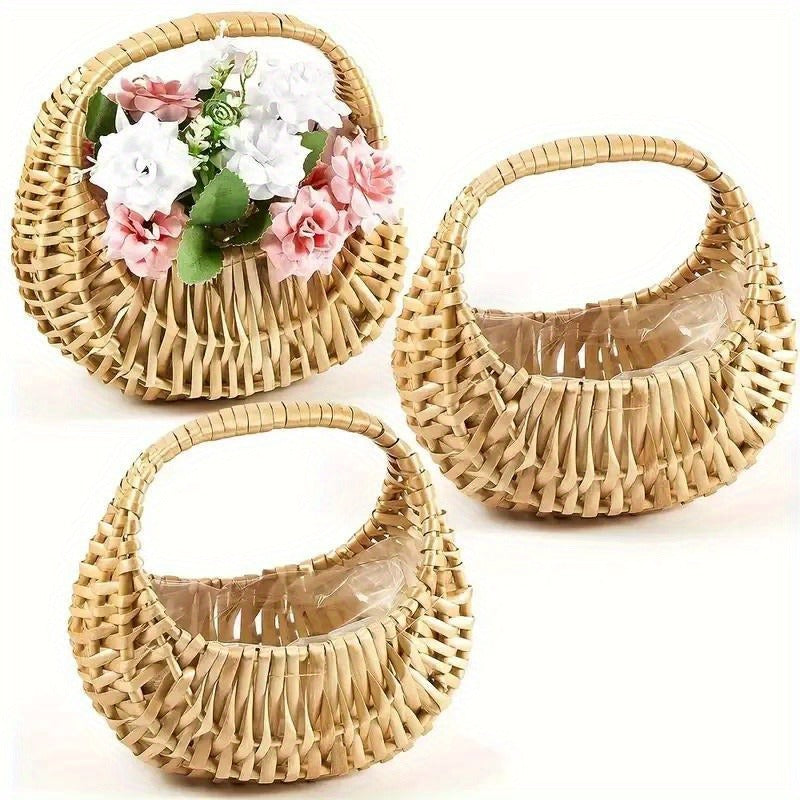 Wicker Basket Set Half Moon Shape with Handle – Small Rattan Baskets 3/5/6 Pcs for Wedding Flower, Home Decor, Garden Storage & Picnic, Plastic Liner Included, 6.7×6.5×4.3 in