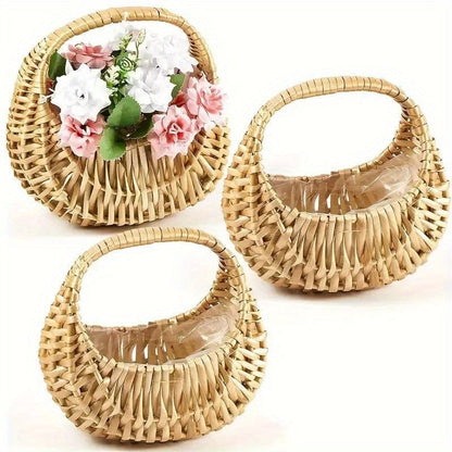 Wicker Basket Set Half Moon Shape with Handle – Small Rattan Baskets 3/5/6 Pcs for Wedding Flower, Home Decor, Garden Storage & Picnic, Plastic Liner Included, 6.7×6.5×4.3 in