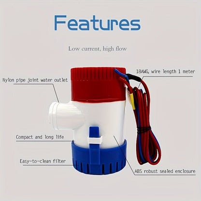 12V 1100GPH-Label Submersible Bilge Pump with Cylindrical Strainer and Side Outlet for Boat or RV Drainage