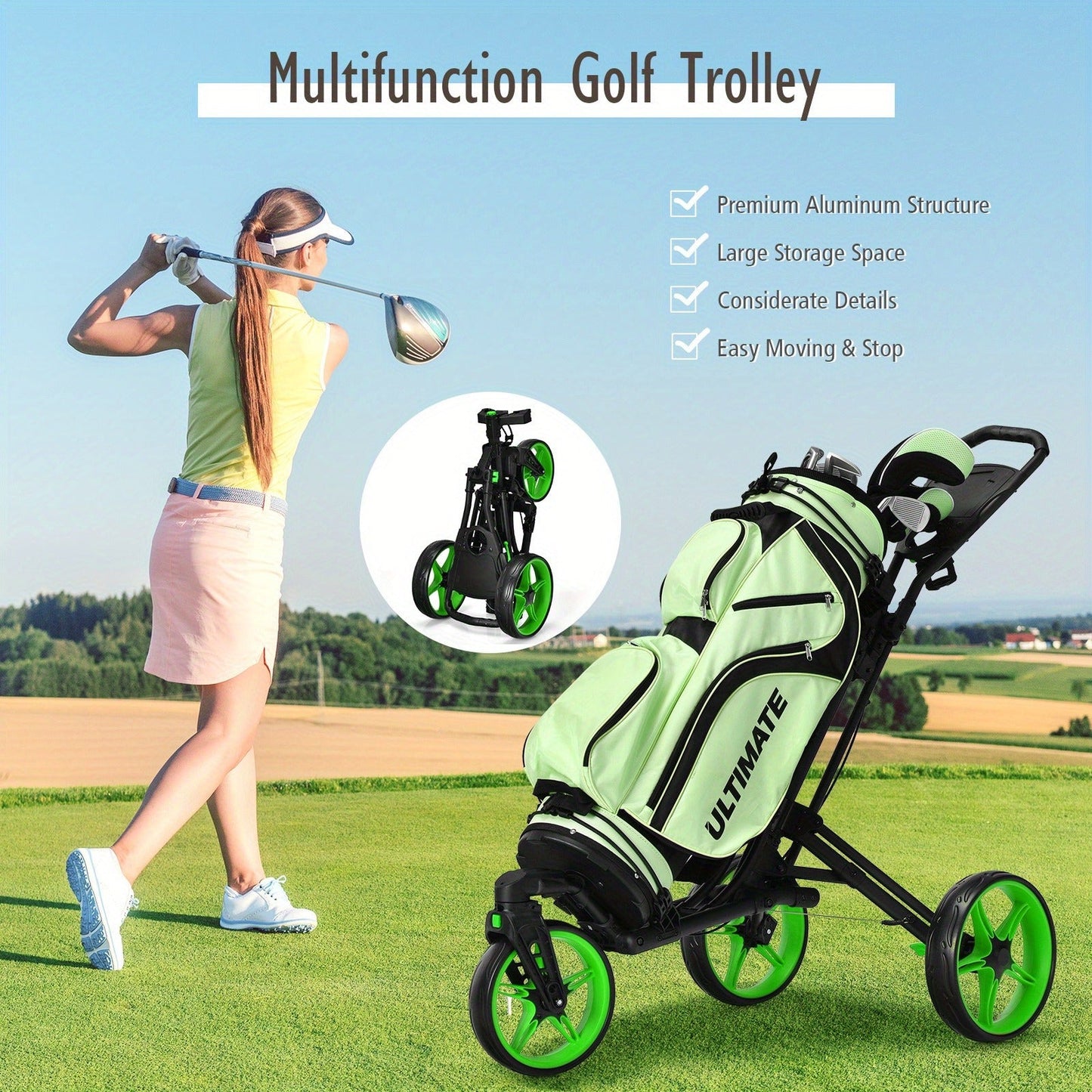 Golf Push Cart 3 Wheel Folding – Lightweight Aluminum Golf Trolley with Scoreboard, Adjustable Handle & Swivel Front Wheel