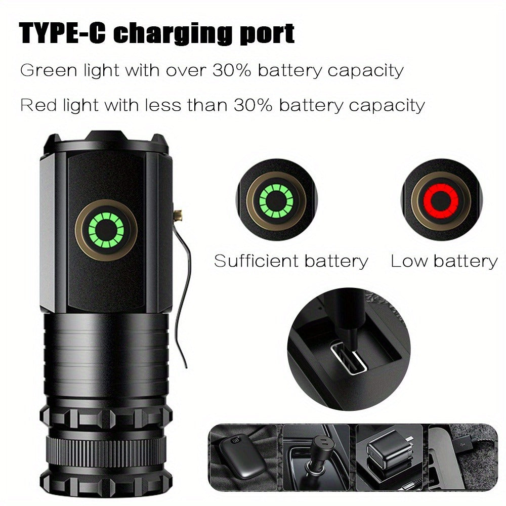 Flashlight 2000-Lumen Mini EDC Torch with Type-C Charging, Tail Magnet and Four Battery-Body Options
