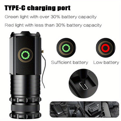 Flashlight 2000-Lumen Mini EDC Torch with Type-C Charging, Tail Magnet and Four Battery-Body Options
